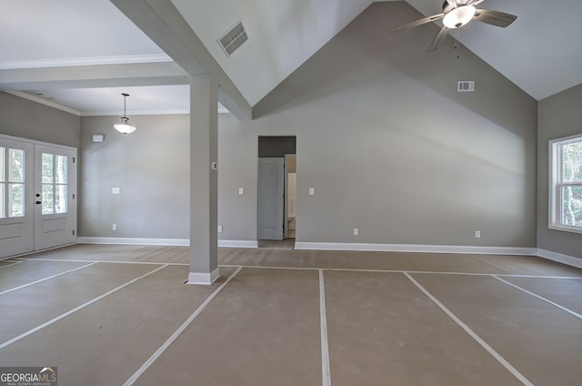 interior space with high vaulted ceiling, ceiling fan, and plenty of natural light