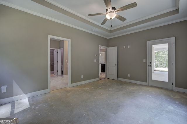 unfurnished bedroom with a raised ceiling, ceiling fan, ornamental molding, and access to outside