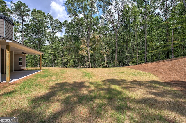 view of yard featuring ceiling fan and a patio