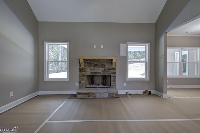 unfurnished living room with a fireplace