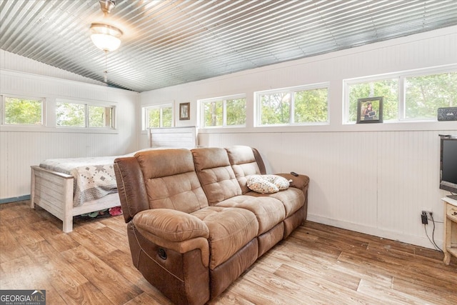 living room with lofted ceiling and light hardwood / wood-style floors