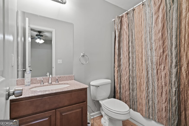 full bathroom featuring shower / bath combo, vanity, tile patterned flooring, ceiling fan, and toilet