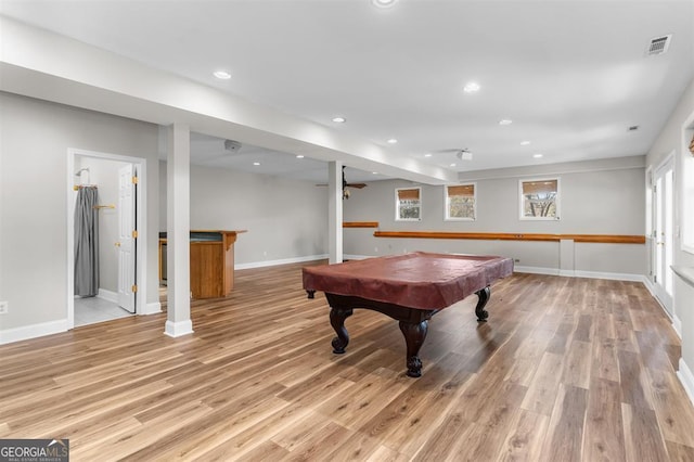 game room with billiards and light hardwood / wood-style flooring