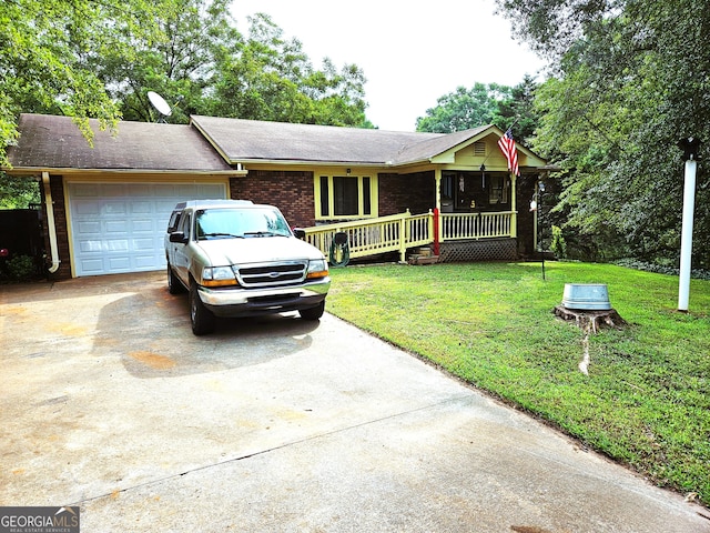 ranch-style house with a garage, a front yard, and a porch