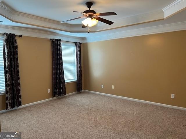 carpeted spare room featuring ceiling fan, ornamental molding, and a raised ceiling