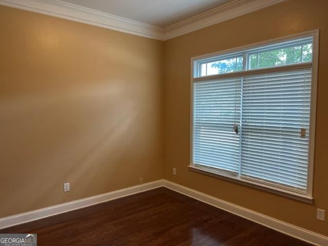 spare room featuring dark hardwood / wood-style floors and ornamental molding