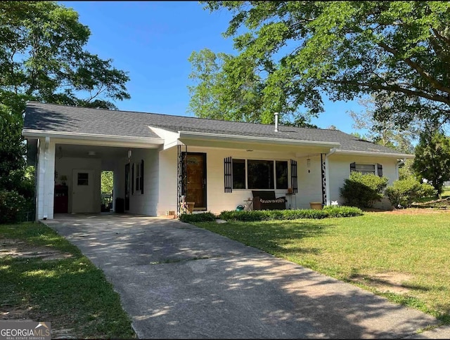 single story home with a carport and a front lawn