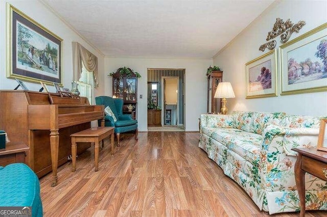 living room with light hardwood / wood-style floors and crown molding