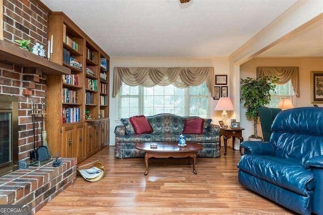 living room featuring a fireplace, a wealth of natural light, and wood-type flooring