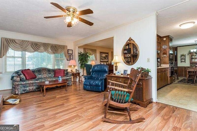 living room with wood-type flooring and ceiling fan