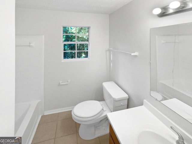 full bathroom featuring toilet, tile patterned floors, vanity, a textured ceiling, and shower / bathing tub combination