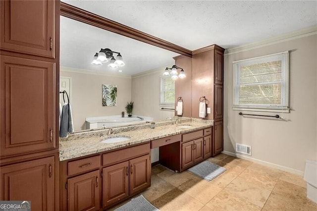 full bath with a sink, visible vents, baseboards, ornamental molding, and double vanity