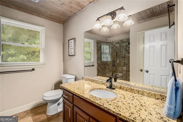 full bathroom featuring toilet, vanity, wood ceiling, baseboards, and a stall shower