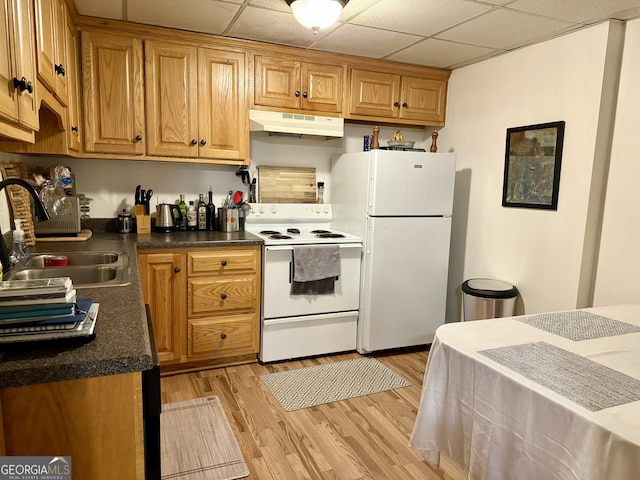 kitchen featuring white appliances, a paneled ceiling, sink, and light wood-type flooring