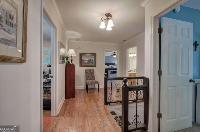 hallway featuring crown molding and wood-type flooring