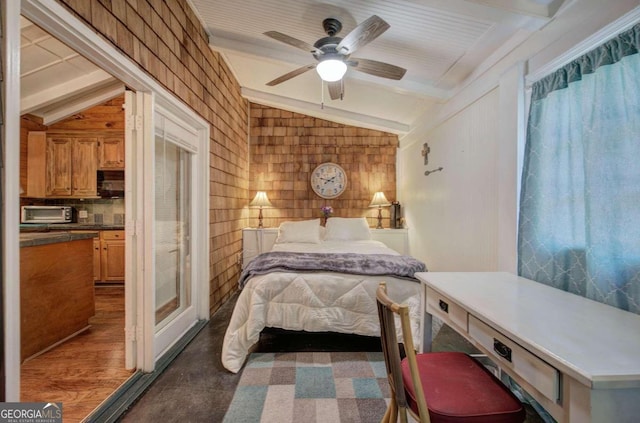 bedroom featuring vaulted ceiling with beams, ceiling fan, and dark hardwood / wood-style floors