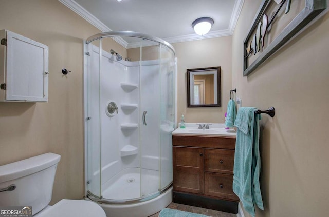 bathroom featuring an enclosed shower, toilet, crown molding, and vanity