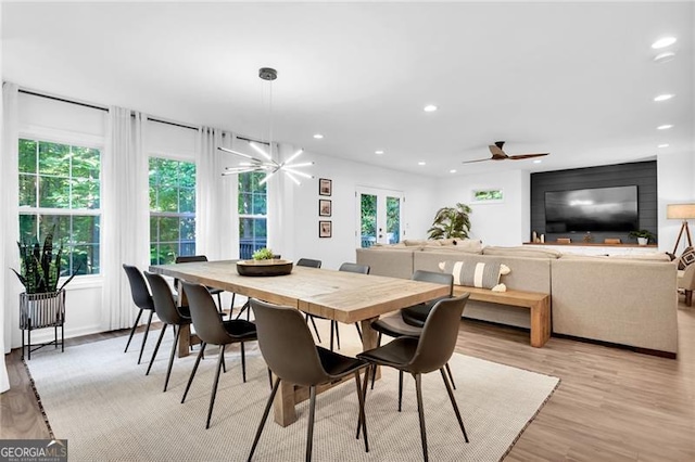 dining room featuring ceiling fan and light hardwood / wood-style flooring