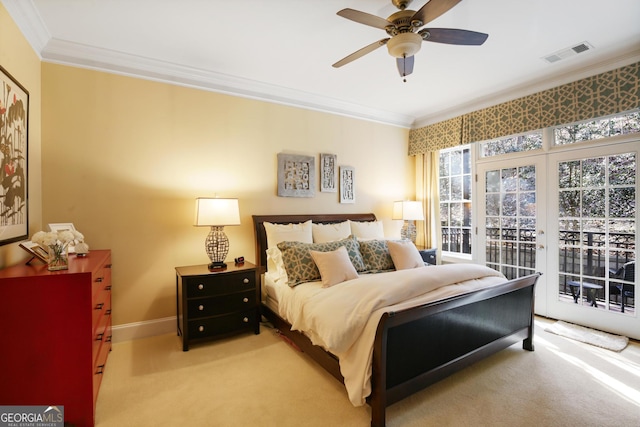 carpeted bedroom with crown molding, ceiling fan, and access to outside