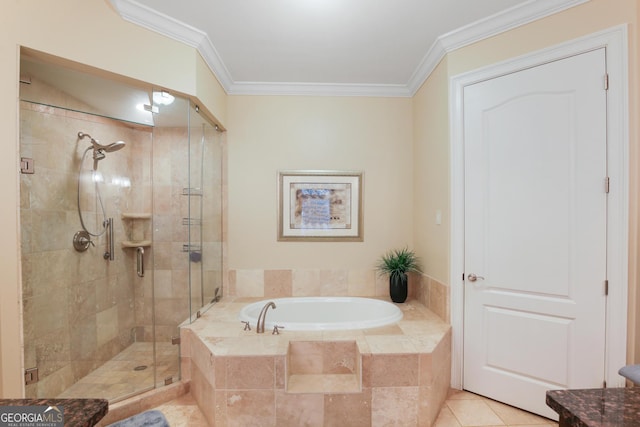 bathroom with independent shower and bath, ornamental molding, and tile patterned flooring