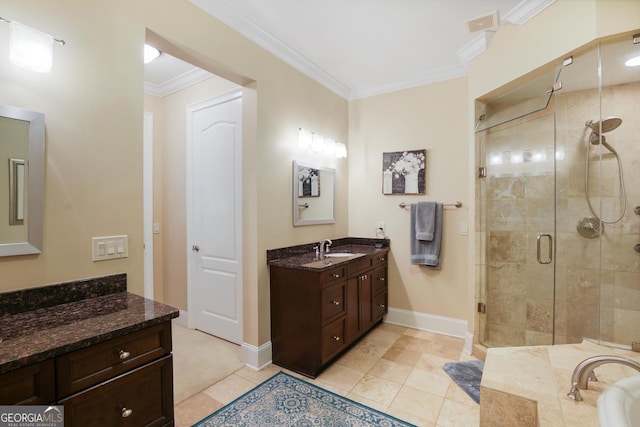 bathroom featuring crown molding, vanity, separate shower and tub, and tile patterned floors