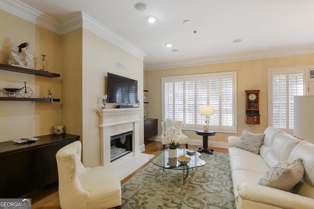 living room featuring crown molding and light hardwood / wood-style flooring