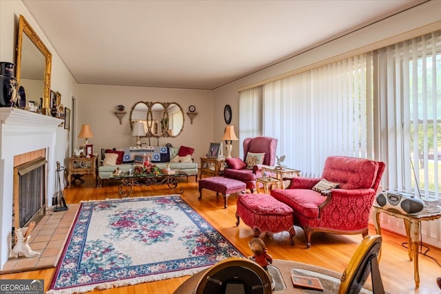 living room featuring a tiled fireplace and wood-type flooring