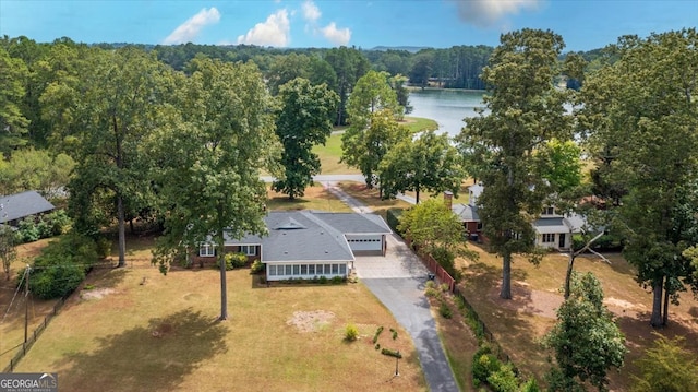 aerial view featuring a water view