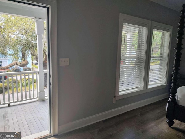 doorway with wood-type flooring