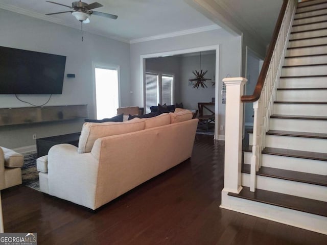 living room with ceiling fan, dark hardwood / wood-style flooring, and crown molding