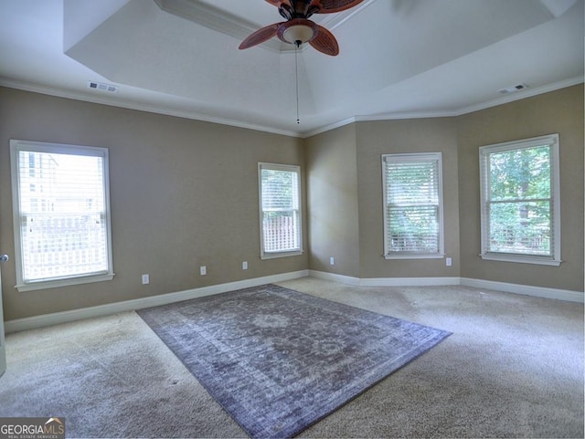 empty room with crown molding, carpet, and ceiling fan