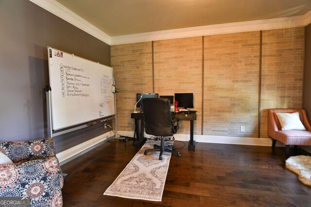 office area featuring crown molding and hardwood / wood-style flooring