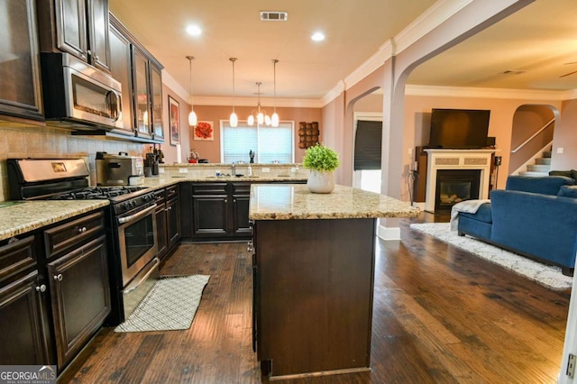 kitchen with ornamental molding, stainless steel appliances, dark hardwood / wood-style flooring, kitchen peninsula, and light stone countertops