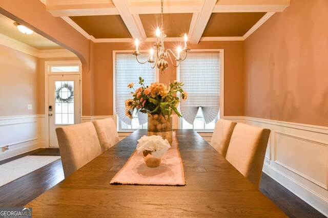 dining room featuring dark wood-type flooring, coffered ceiling, beam ceiling, and crown molding