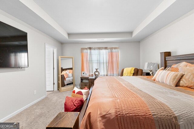 bedroom with baseboards, carpet flooring, and a raised ceiling