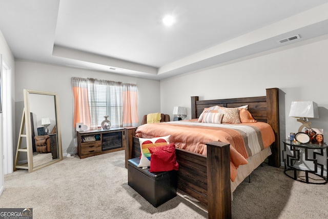 bedroom with a tray ceiling and carpet floors