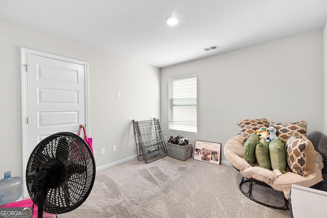 game room with baseboards, carpet flooring, and visible vents