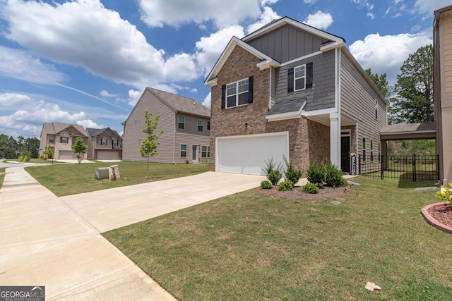 view of front of home with concrete driveway, board and batten siding, fence, a front yard, and brick siding