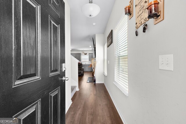 hallway with plenty of natural light, baseboards, and dark wood-style flooring