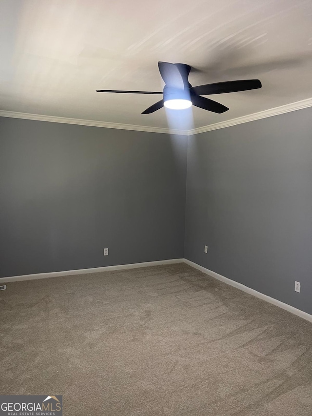 spare room featuring ornamental molding, ceiling fan, and carpet