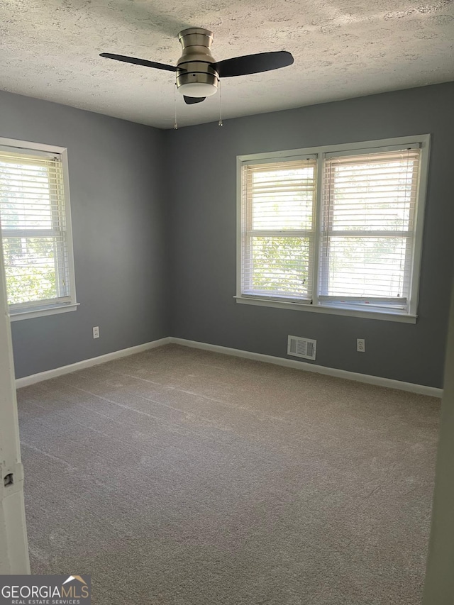 empty room featuring ceiling fan, carpet, and a textured ceiling