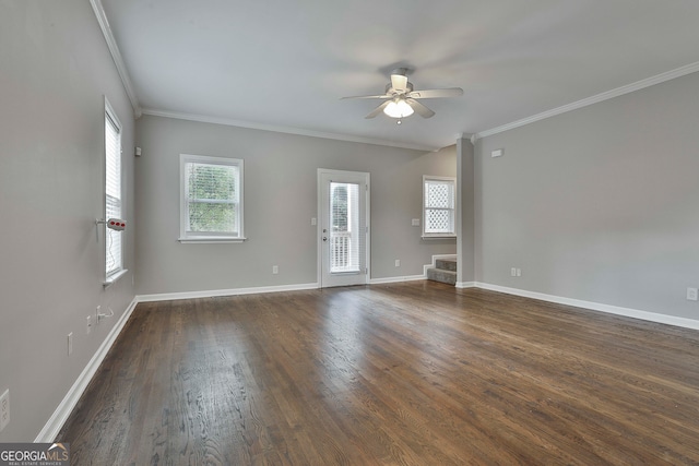 unfurnished room with ceiling fan, ornamental molding, and dark hardwood / wood-style flooring