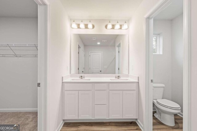 bathroom featuring vanity, wood-type flooring, and toilet