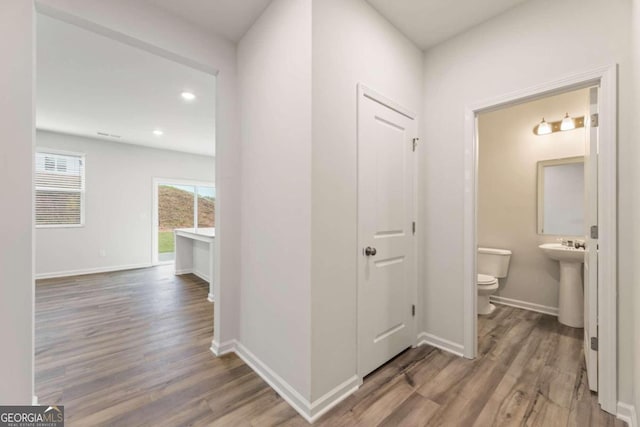 hall with wood-type flooring and sink