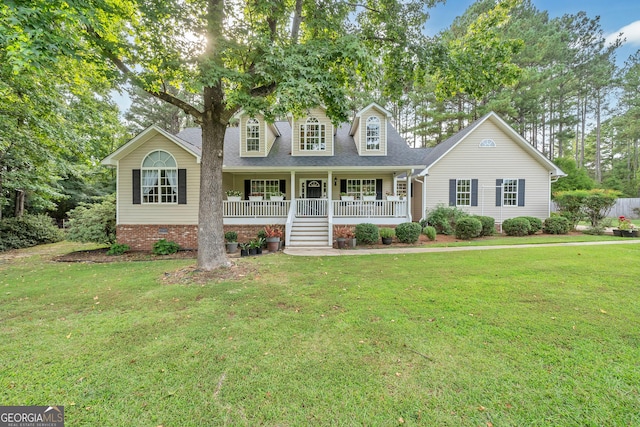 cape cod home with crawl space, a porch, roof with shingles, and a front yard