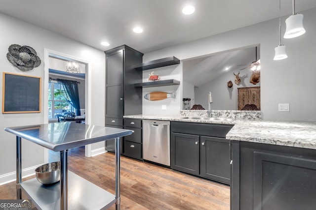 kitchen with open shelves, dishwasher, a peninsula, pendant lighting, and a sink