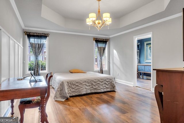 bedroom featuring a raised ceiling, multiple windows, and wood finished floors