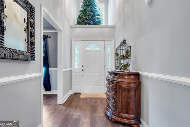 foyer with dark wood-style floors, a high ceiling, and baseboards