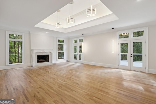 unfurnished living room featuring a raised ceiling, light wood-type flooring, a wealth of natural light, and french doors