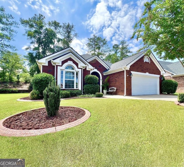 ranch-style home featuring driveway, an attached garage, a front lawn, and brick siding